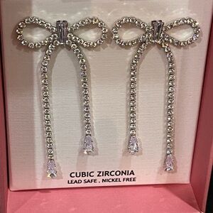 New! Large Dangle Rhinestone Silver Drop Bow Earrings with Cubic Zirconia